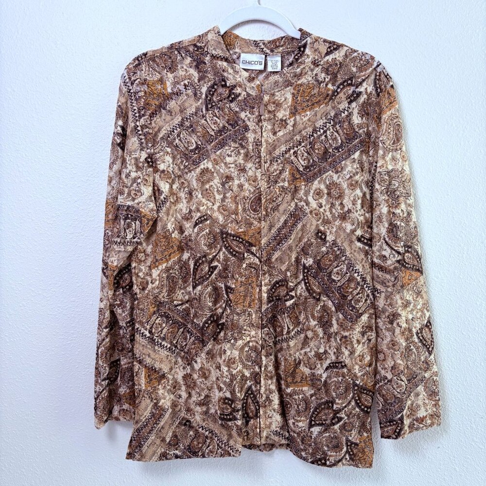 Chicos Zip Up Blouse Size 3 XL Brown Tan Sheer Lace Paisley Long Sleeve Top